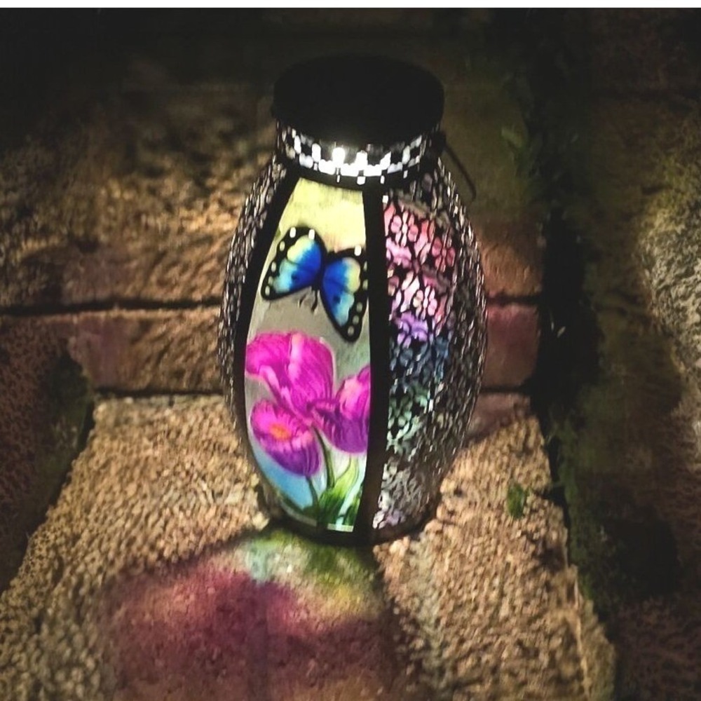 Barbara King Botanical Press 19.5" Illuminated Glass Lantern Butterfly & Flowers